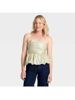 A New Day Womens Silver Cream Peplum Top Small Shimmer Ruffle Detail
